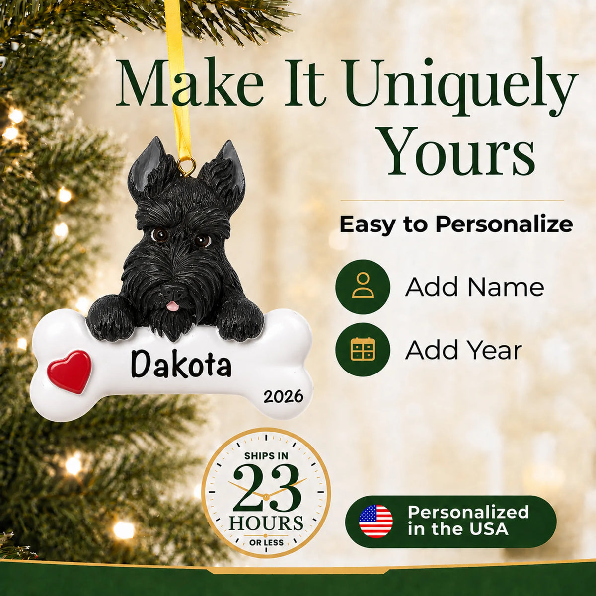 Personalized Scottie Christmas ornament with name and year options, ships in 23 hours, made in the USA