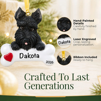 Close-up of the personalized Scottie Christmas ornament showing hand-painted details and laser engraving
