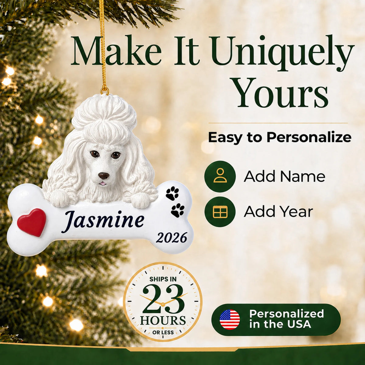 Make it yours: personalize the White Poodle Dog Bone christmas ornament with your dog's name and the year