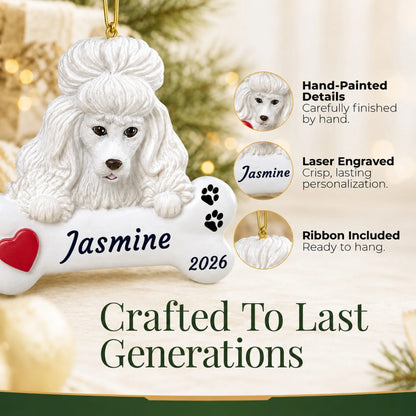 Hand-painted, laser engraved White Poodle Dog Bone christmas ornament, ribbon included