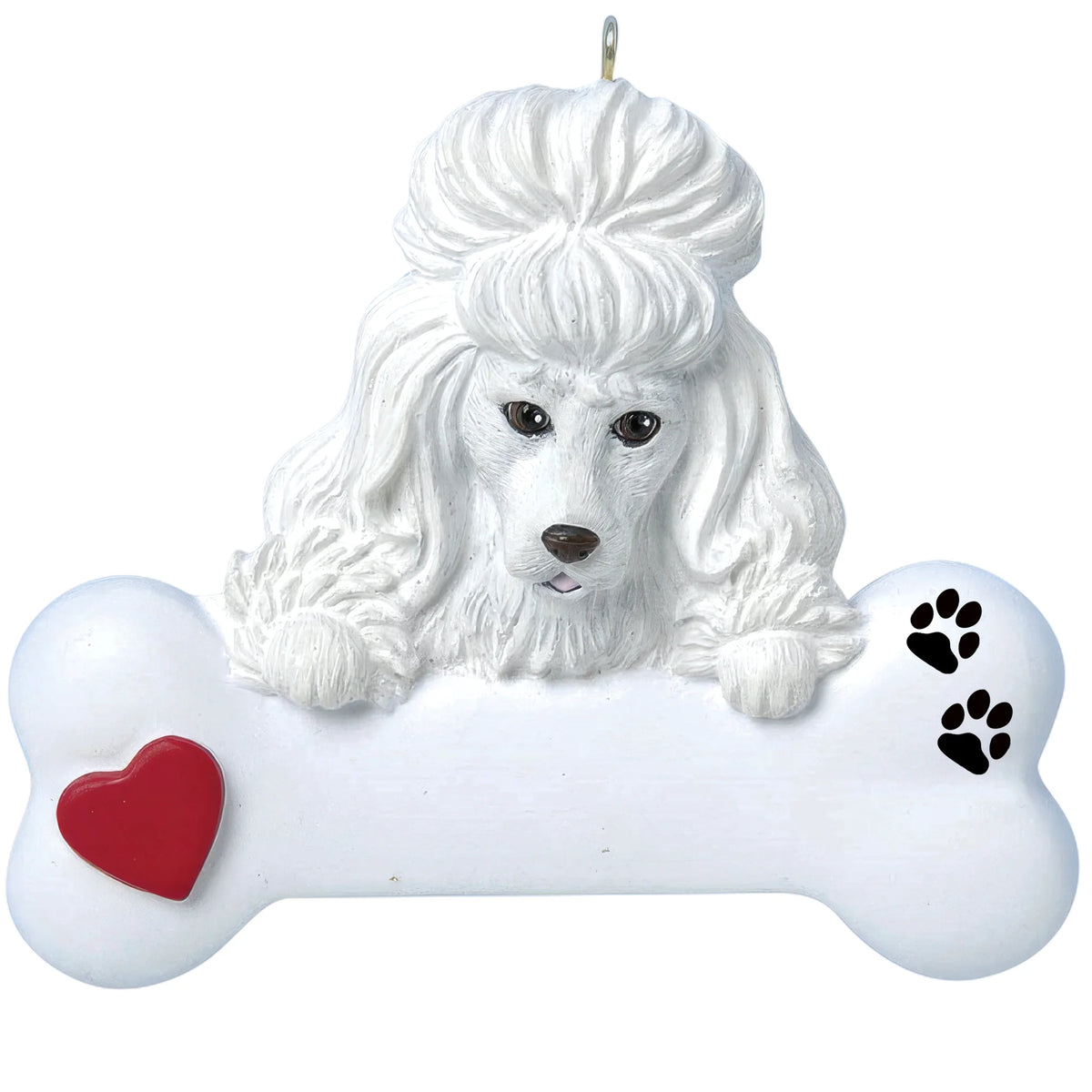 Personalized white poodle dog bone Christmas ornament shown blank, ready for your dog's name and year