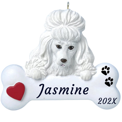 Personalized white poodle dog bone Christmas ornament, a poodle with a topknot on a white bone, red heart, name and year
