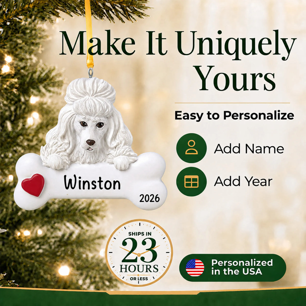 Personalized white poodle Christmas ornament with name and year options, ships in 23 hours, made in the USA