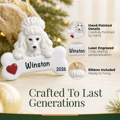 Close-up of the personalized white poodle Christmas ornament showing hand-painted details and laser engraving