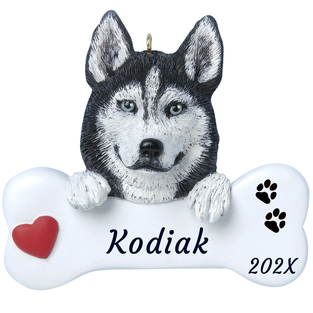 Personalized Siberian husky Christmas ornament, paws resting on a white bone engraved with a pet name and year