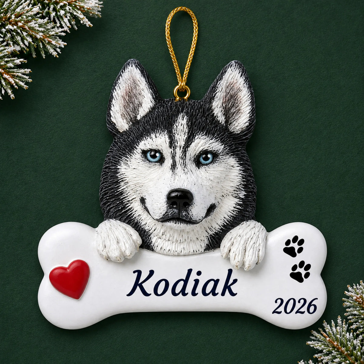 Personalized Siberian husky dog bone Christmas ornament, engraved with a name and year, on a green holiday backdrop