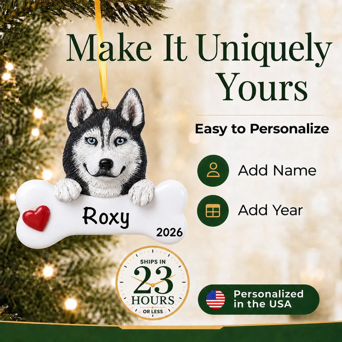 Personalized Siberian husky Christmas ornament with name and year options, ships in 23 hours, made in the USA