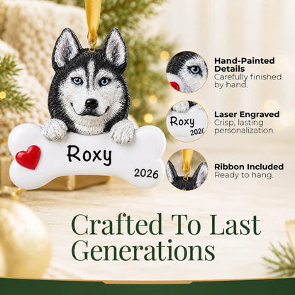Close-up of the personalized Siberian husky Christmas ornament showing hand-painted details and laser engraving
