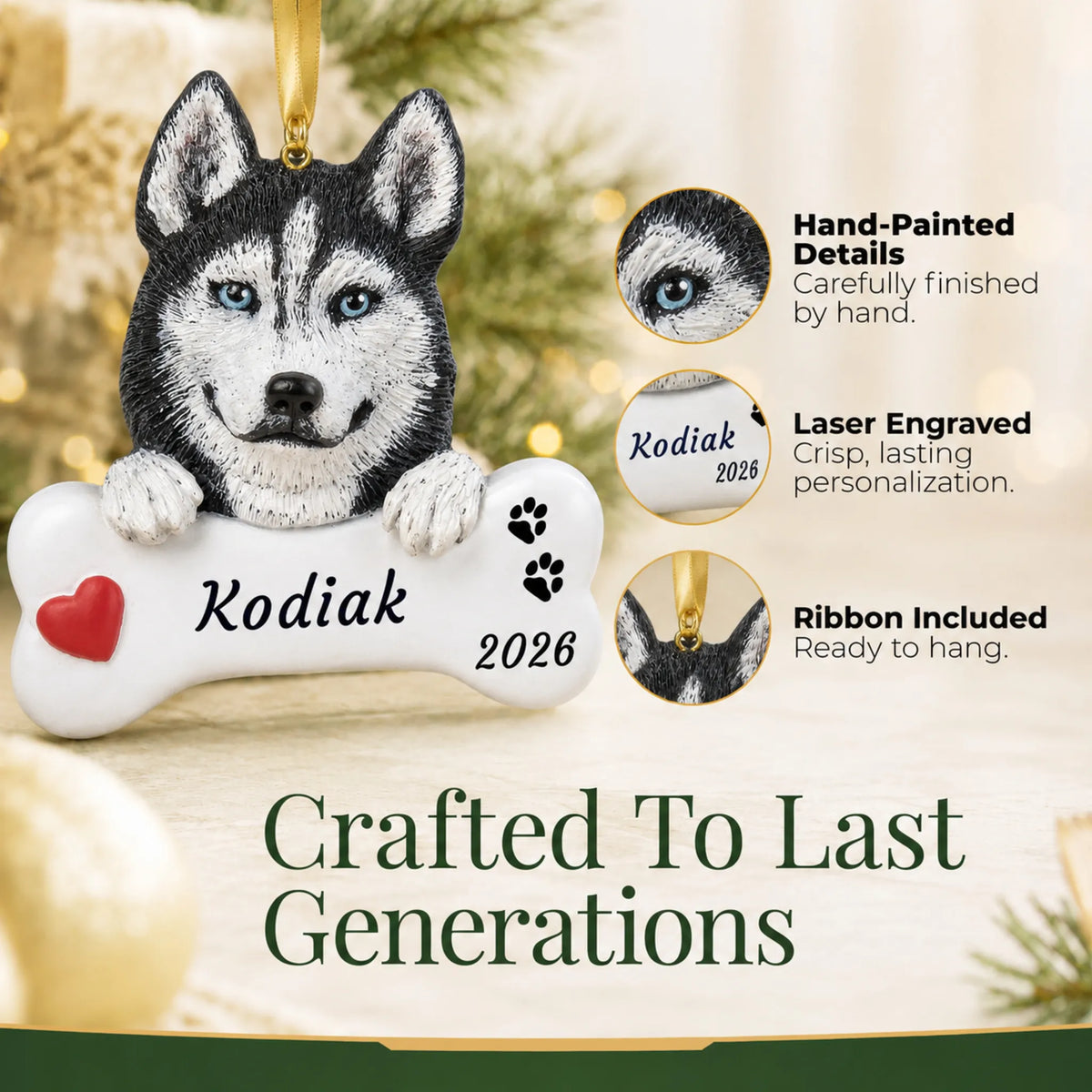 Close-up of the personalized Siberian husky Christmas ornament showing hand-painted details and laser engraving