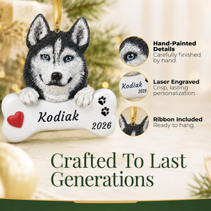 Close-up of the personalized Siberian husky Christmas ornament showing hand-painted details and laser engraving