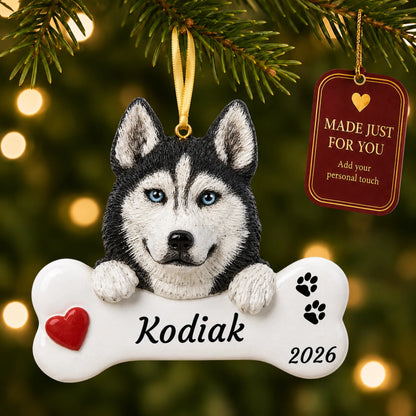 Personalized Siberian husky Christmas ornament hanging on a lit tree beside a Made Just For You tag
