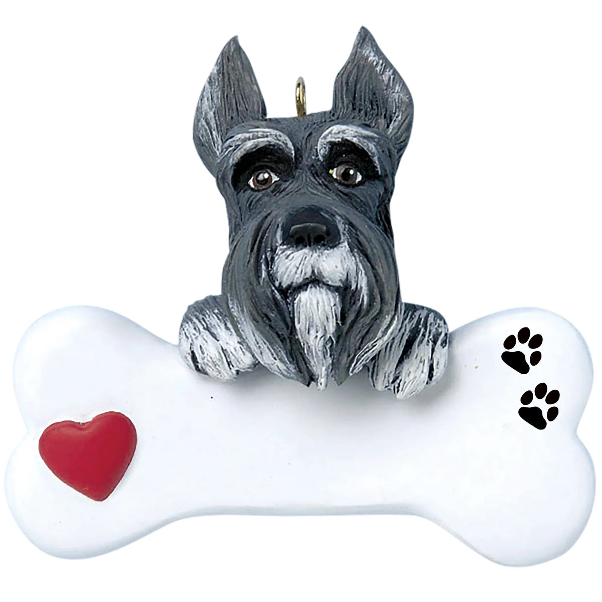 Personalized schnauzer dog bone Christmas ornament shown blank, ready for your dog's name and year