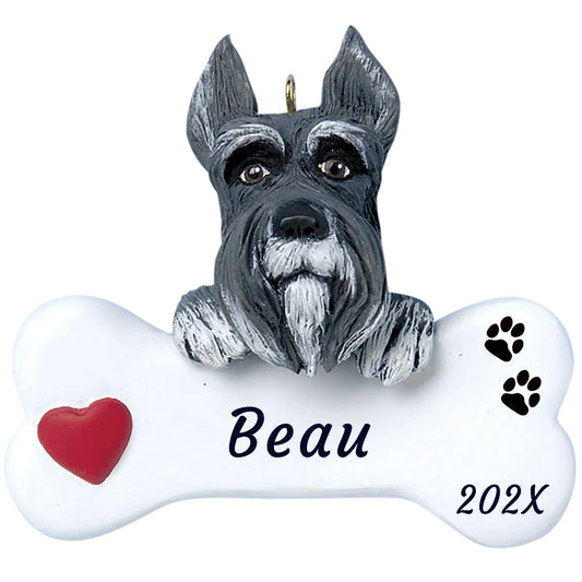 Personalized schnauzer dog bone Christmas ornament, a salt and pepper schnauzer on a white bone, red heart, name and year