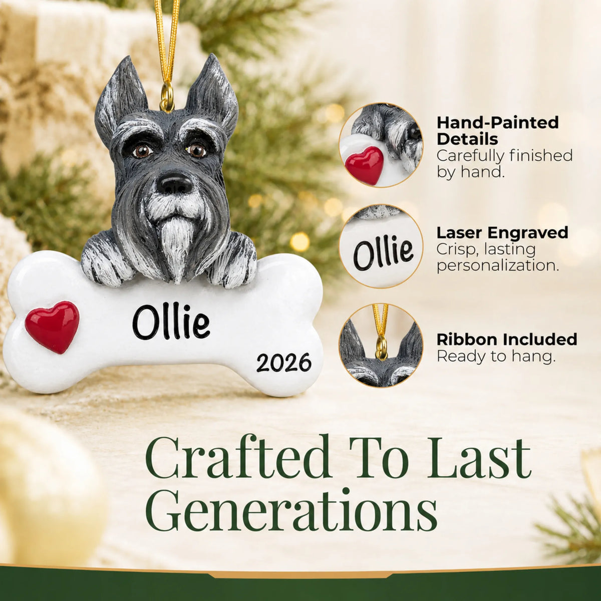 Close-up of the personalized schnauzer Christmas ornament showing hand-painted details and laser engraving