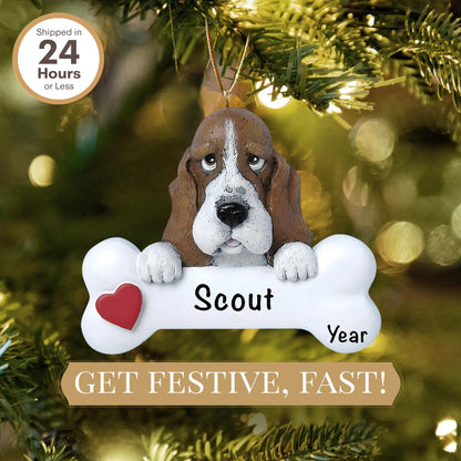 Adorno navideño con forma de hueso de perro Basset Hound 