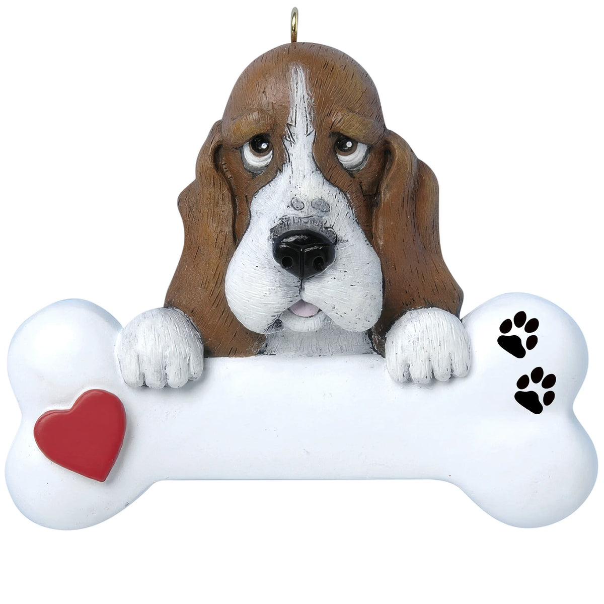 Personalized basset hound dog bone Christmas ornament shown blank, ready for your dog's name and year