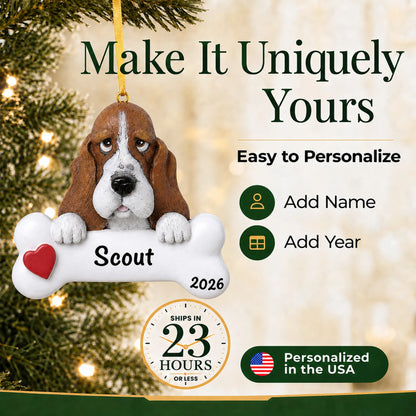 Personalized basset hound Christmas ornament with name and year options, ships in 23 hours, made in the USA