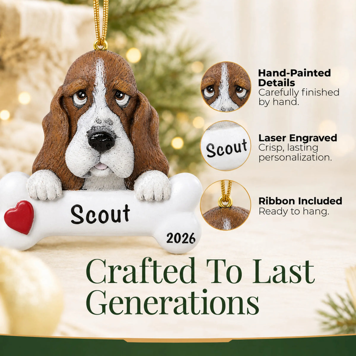 Close-up of the personalized basset hound Christmas ornament showing hand-painted details and laser engraving