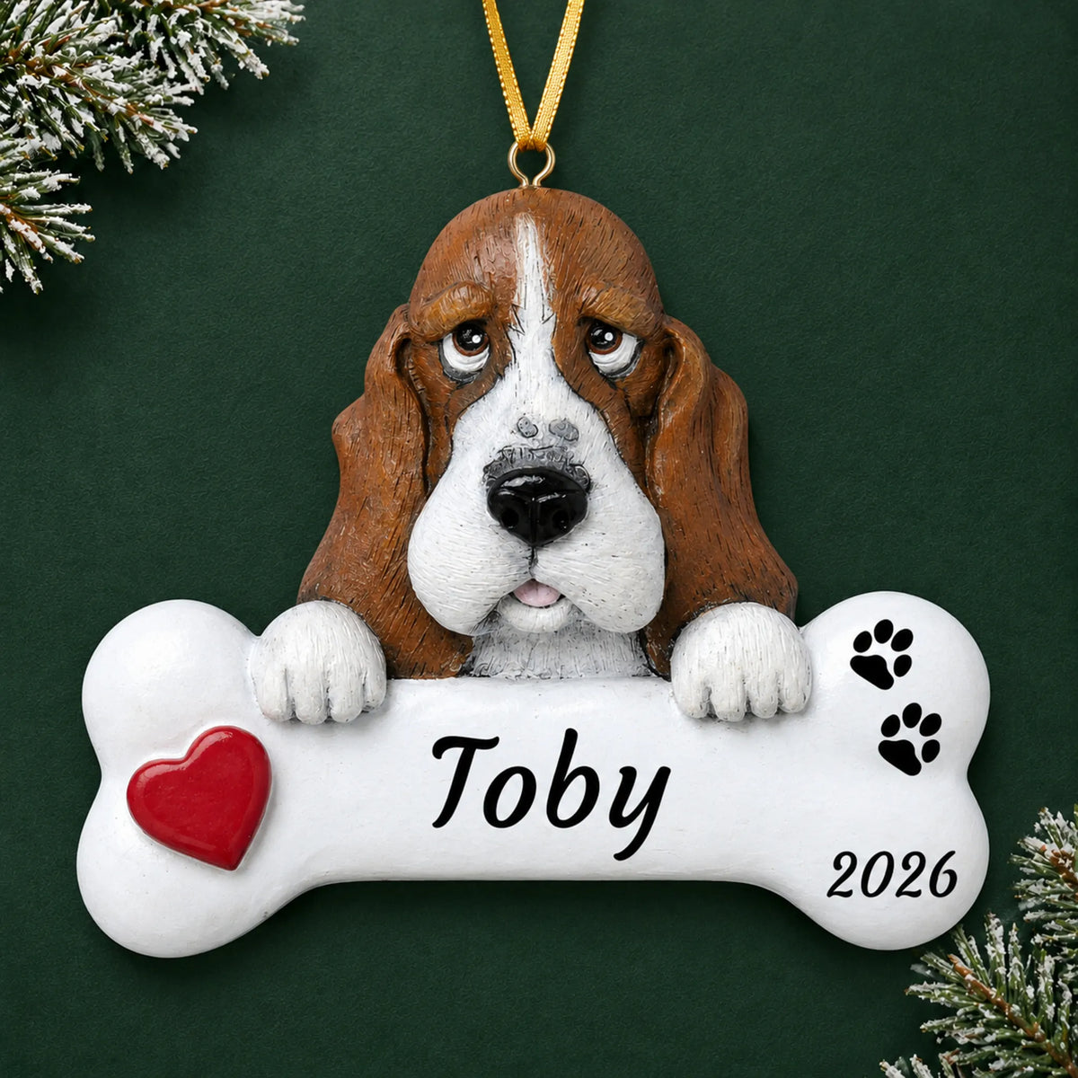 Personalized Basset Hound Dog Bone christmas ornament on a dark green pine background