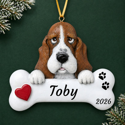 Personalized Basset Hound Dog Bone christmas ornament on a dark green pine background