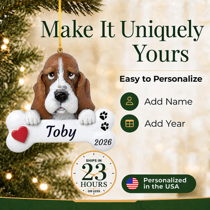 Make it yours: personalize the Basset Hound Dog Bone christmas ornament with your dog's name and the year