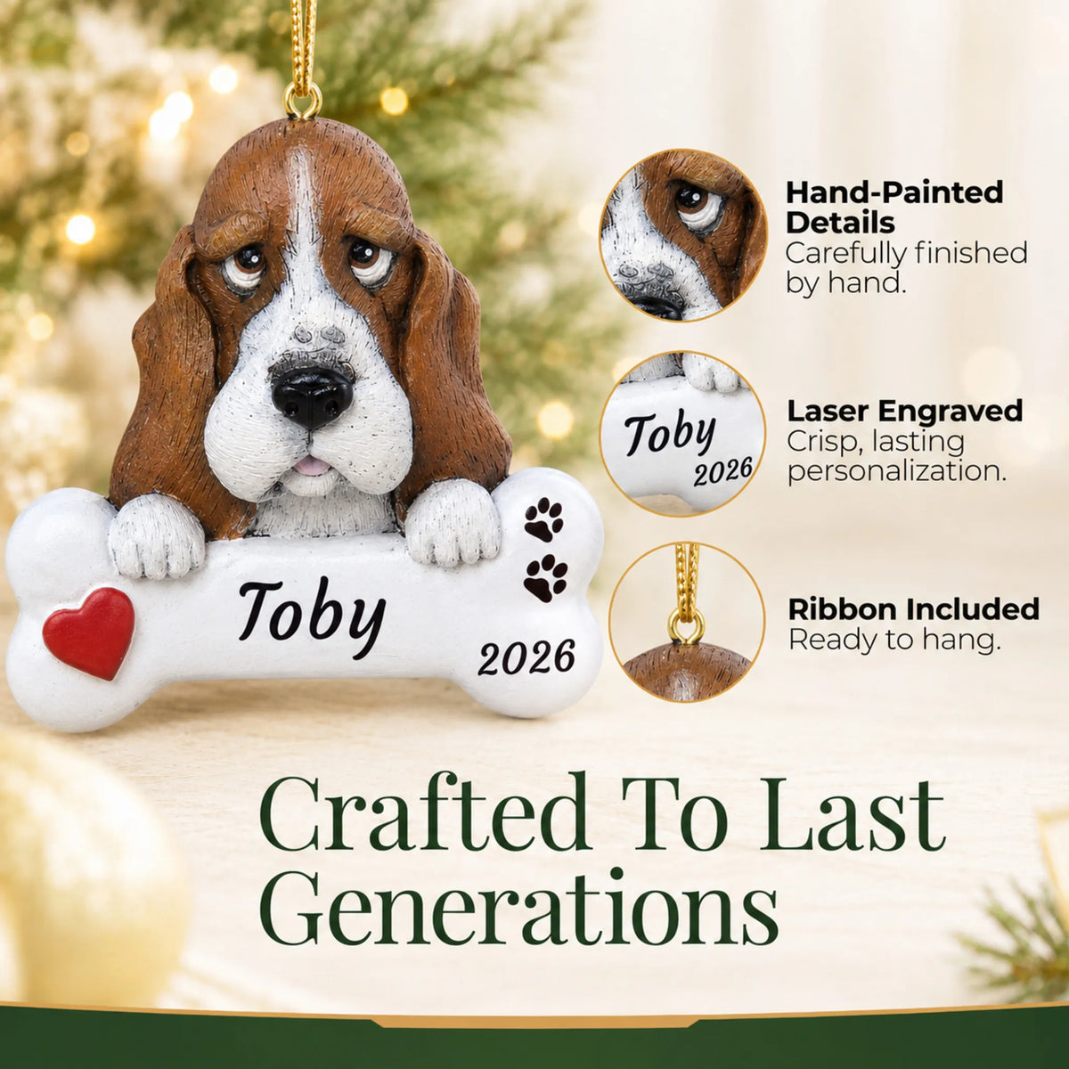 Hand-painted, laser engraved Basset Hound Dog Bone christmas ornament, ribbon included