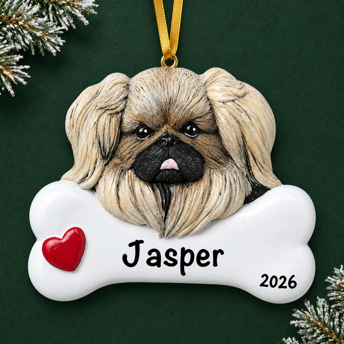 Personalized Pekingese dog bone Christmas ornament, engraved with a name and year, on a green holiday backdrop