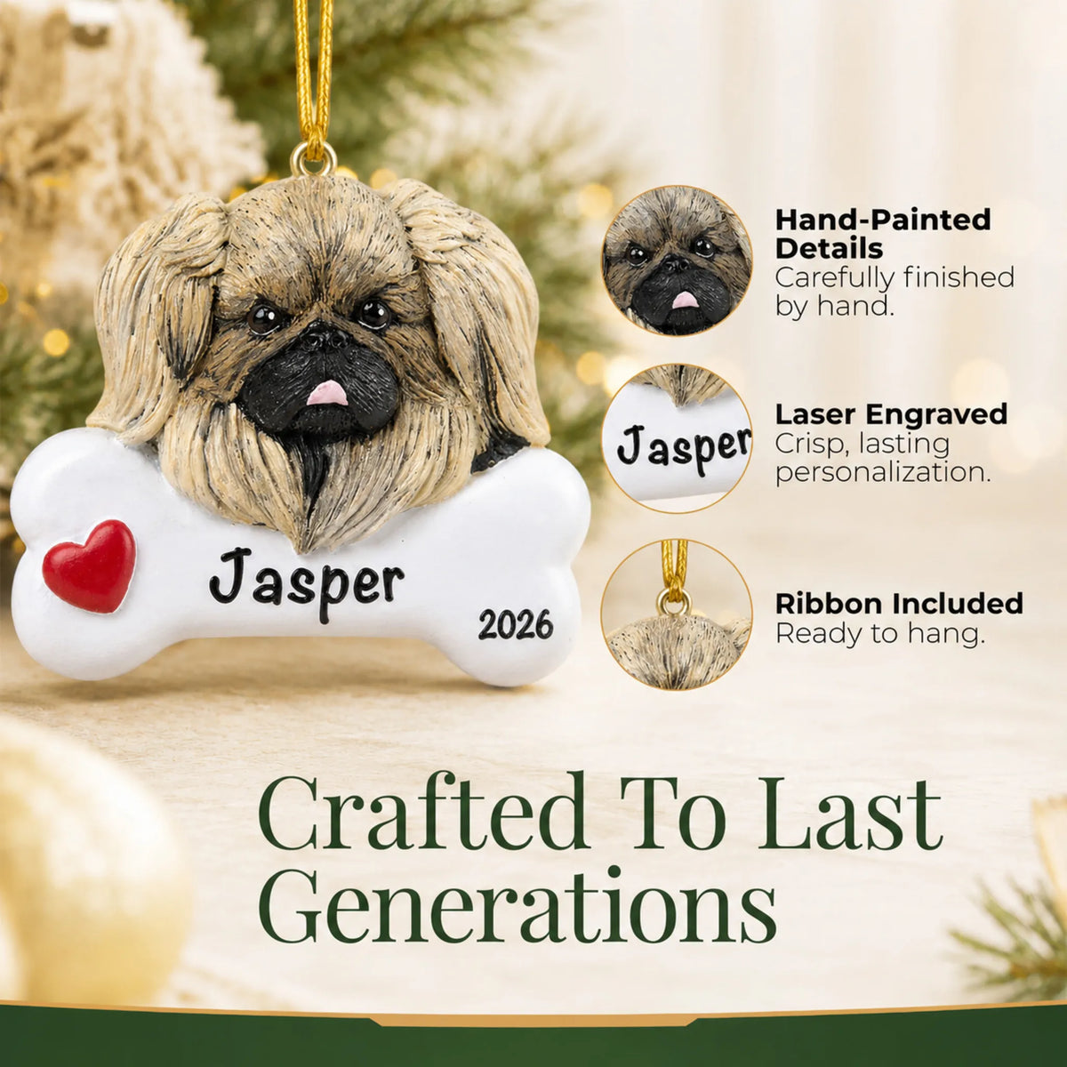 Close-up of the personalized Pekingese Christmas ornament showing hand-painted details and laser engraving
