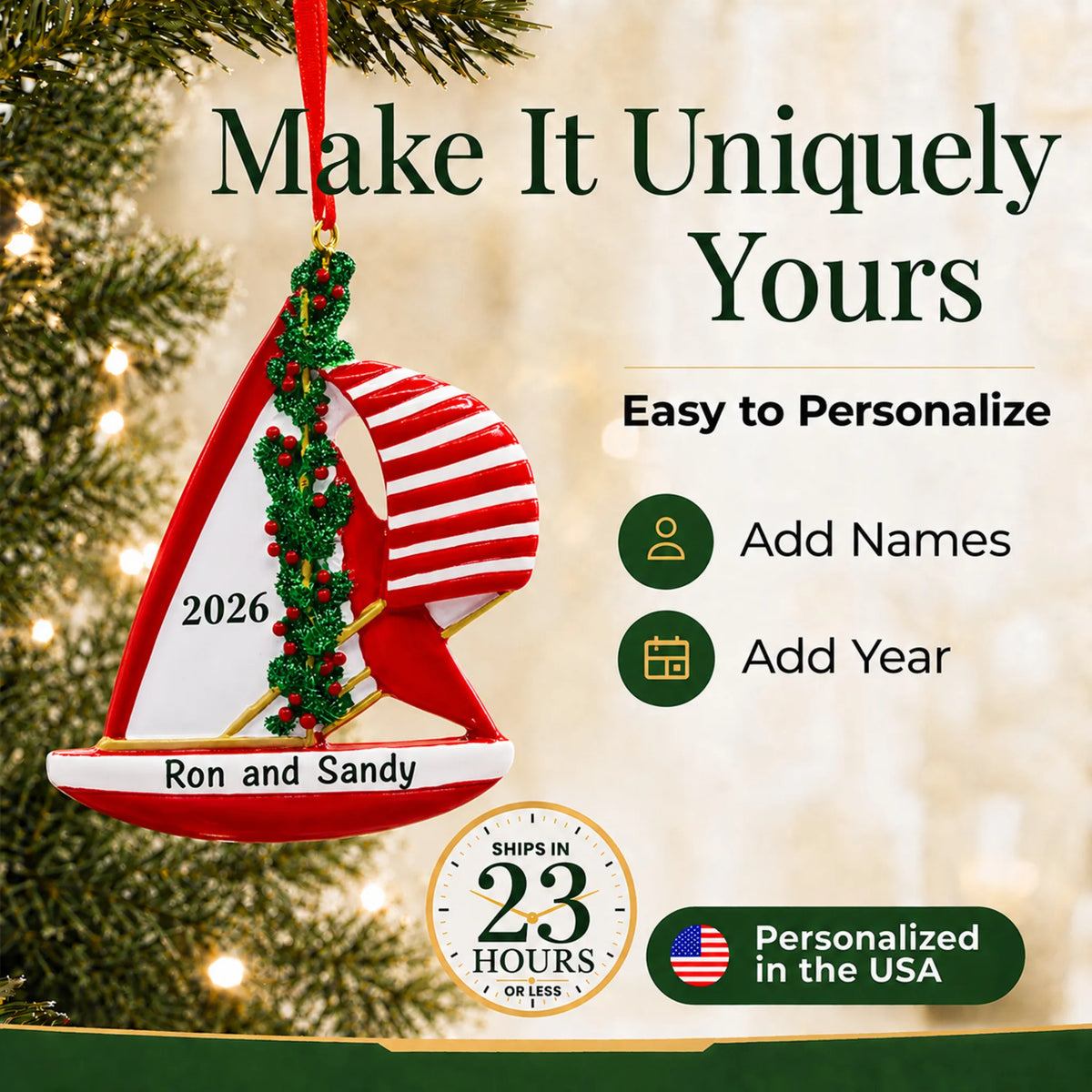 Make it yours: add names and year to the personalized red sailboat christmas ornament