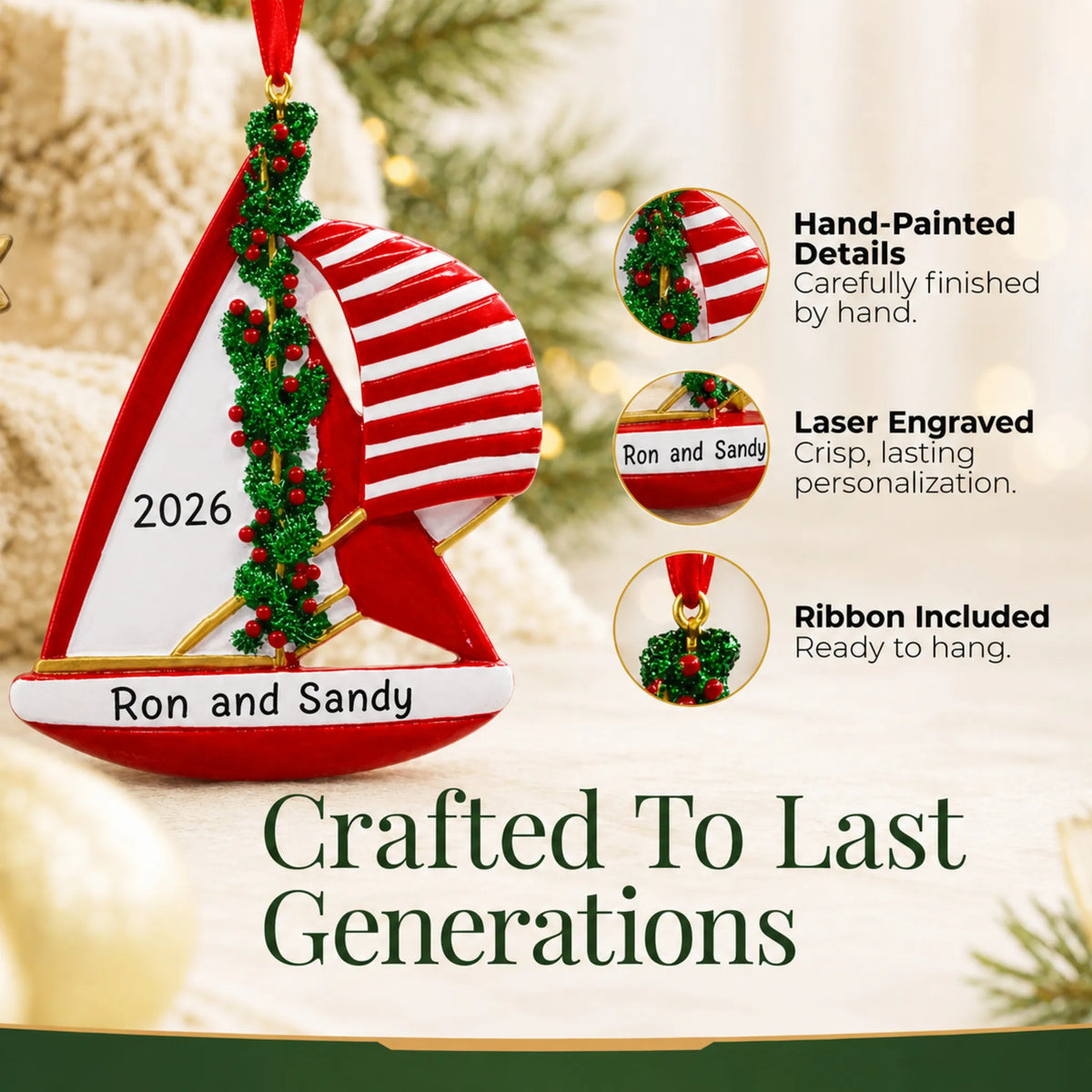Hand-painted details and laser engraved personalization on the red sailboat christmas ornament, ribbon included