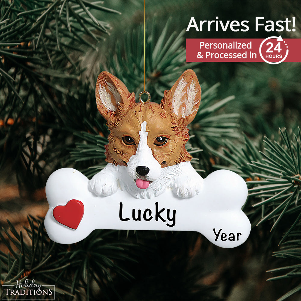 Corgi Dog Bone Christmas Ornament