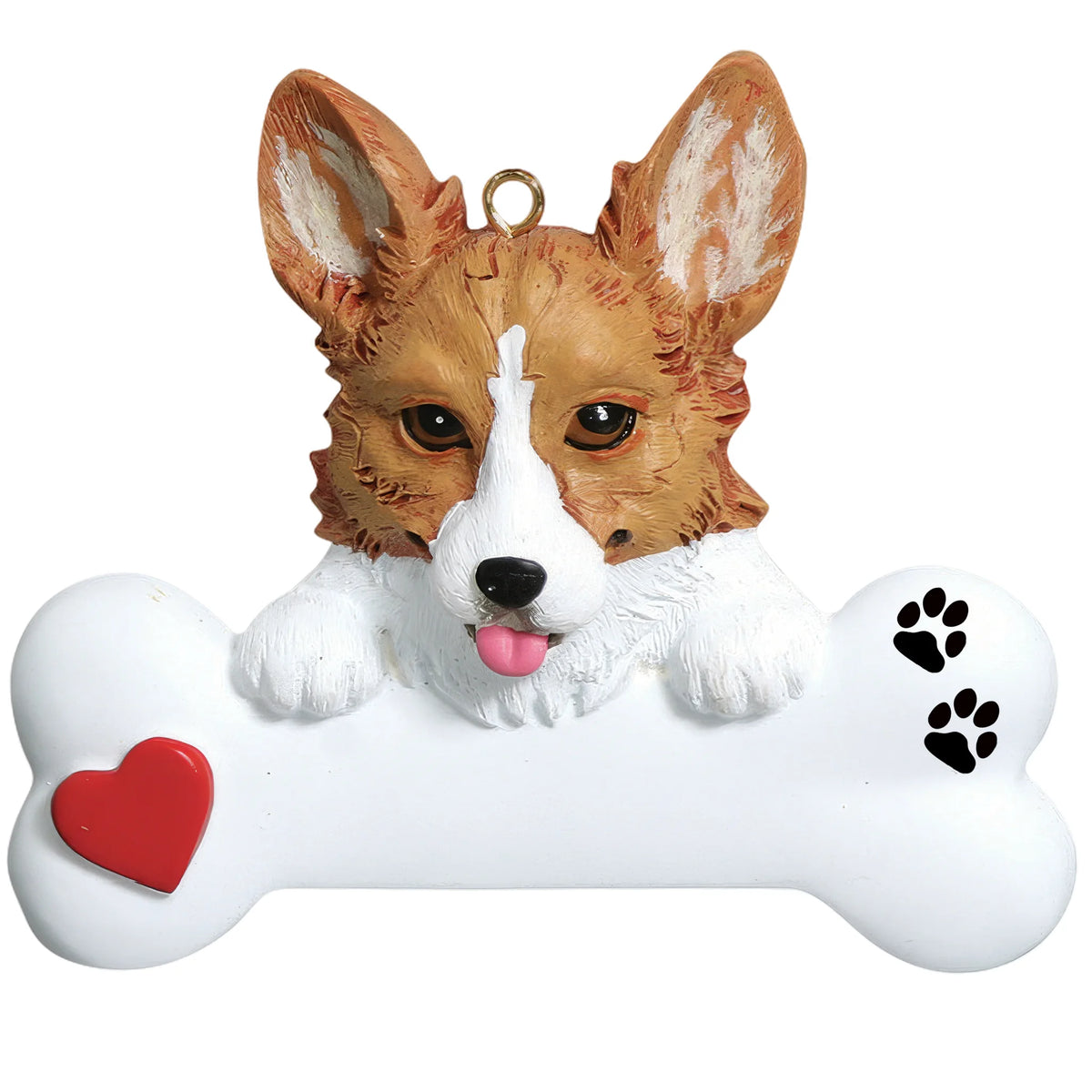 Personalized corgi dog bone Christmas ornament shown blank, ready for your dog's name and year