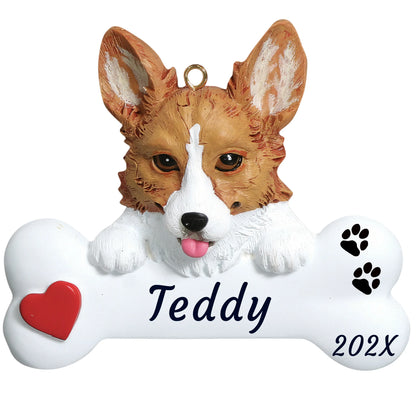 Personalized corgi dog bone Christmas ornament, a red and white corgi on a white bone, red heart, name and year