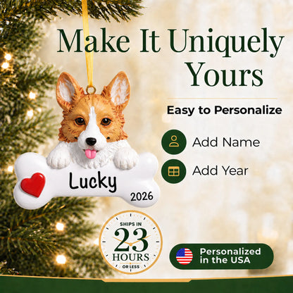 Personalized corgi Christmas ornament with name and year options, ships in 23 hours, made in the USA
