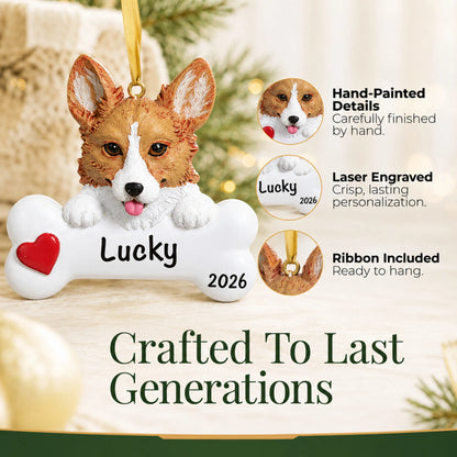 Close-up of the personalized corgi Christmas ornament showing hand-painted details and laser engraving