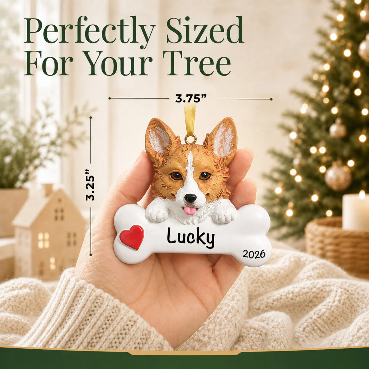 Hand holding the personalized corgi Christmas ornament to show its 3.75 inch width