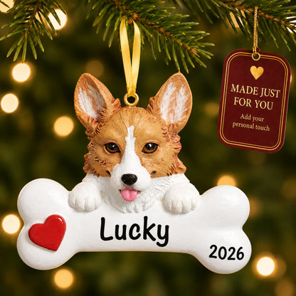 Personalized corgi Christmas ornament hanging on a lit tree beside a Made Just For You tag