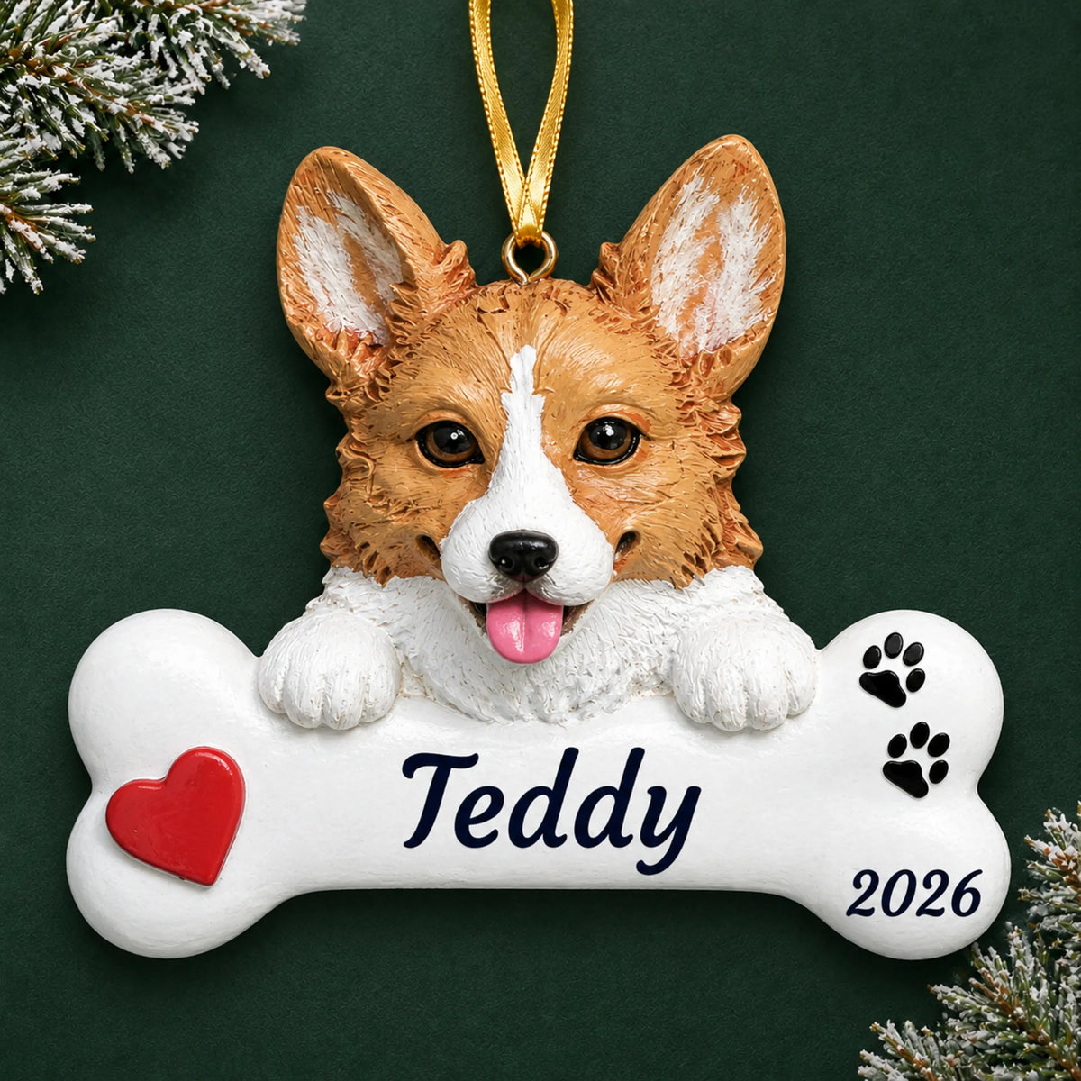Personalized Corgi Dog Bone christmas ornament on a dark green pine background