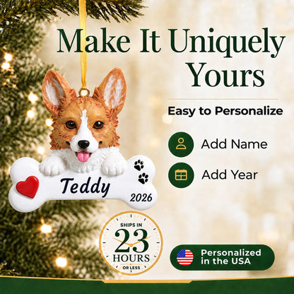 Make it yours: personalize the Corgi Dog Bone christmas ornament with your dog's name and the year