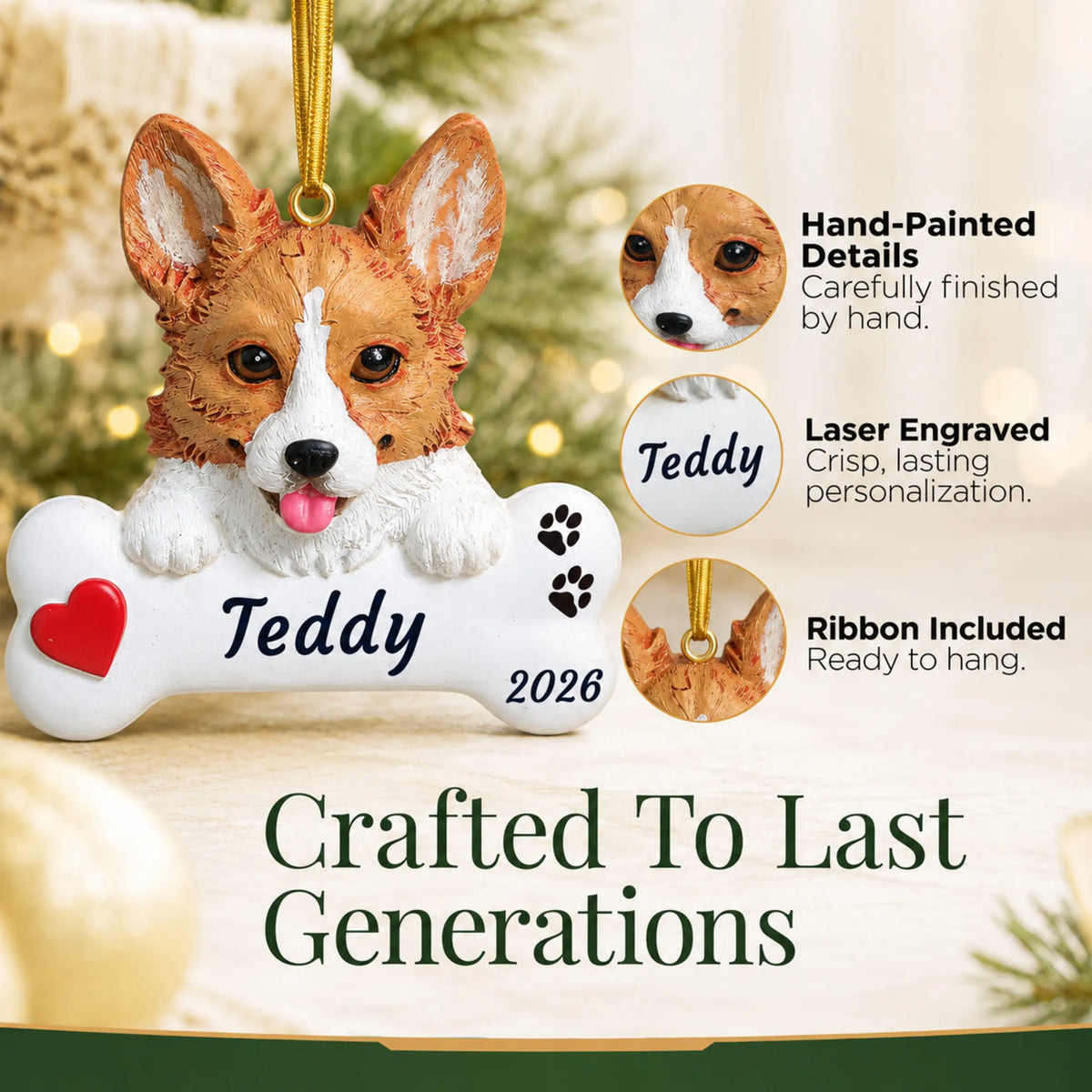Hand-painted, laser engraved Corgi Dog Bone christmas ornament, ribbon included