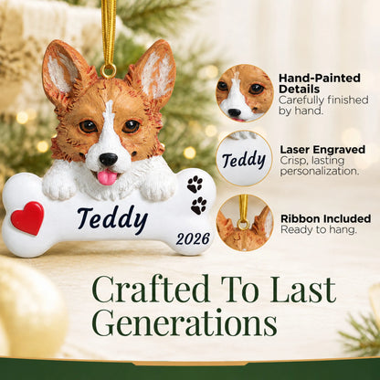 Hand-painted, laser engraved Corgi Dog Bone christmas ornament, ribbon included