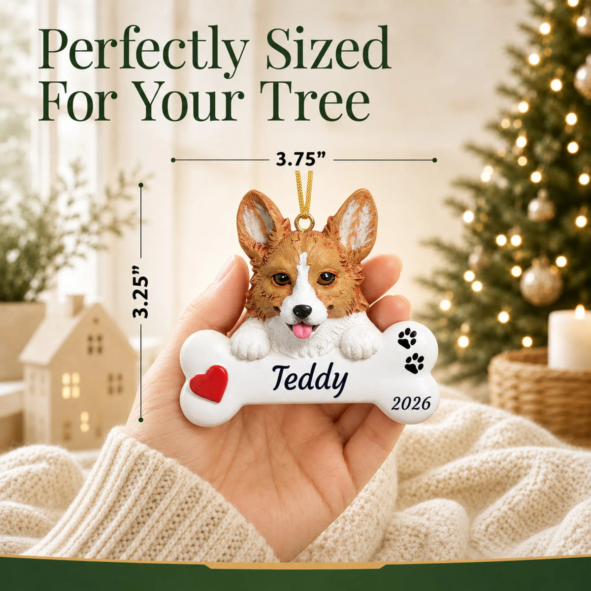 Size guide: the personalized Corgi Dog Bone christmas ornament is 3.75 in wide by 3.25 in tall, shown in hand