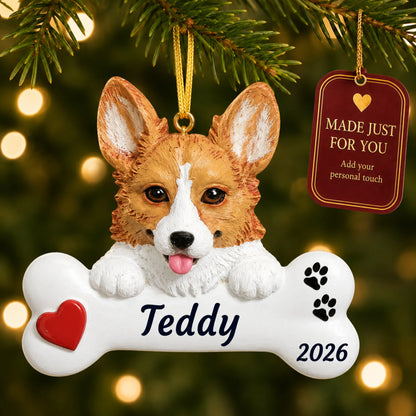 Corgi Dog Bone christmas ornament hanging on a lit Christmas tree with a Made Just For You gift tag