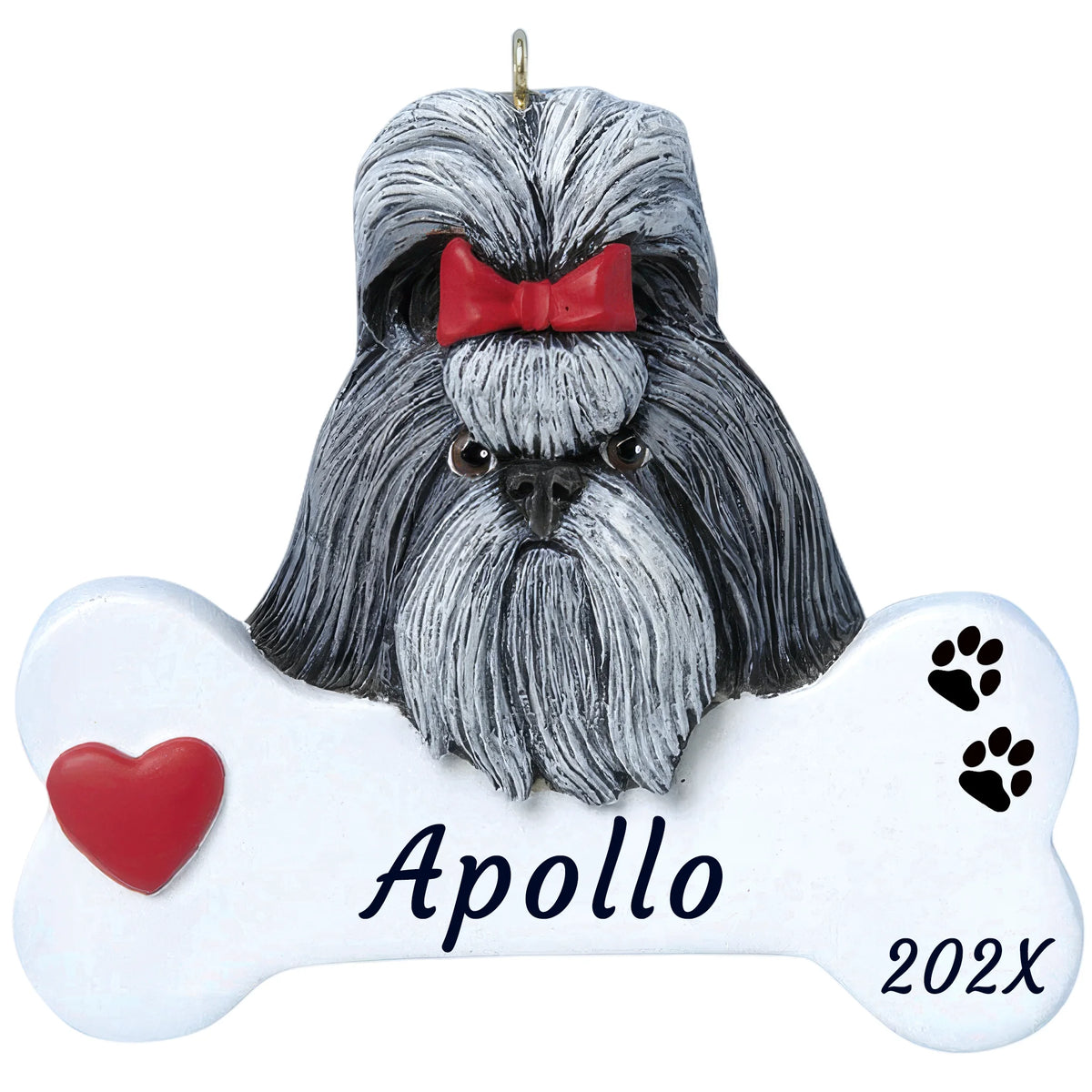 Personalized Shih Tzu dog bone Christmas ornament, a gray and white Shih Tzu with a red bow over a white bone, name and year