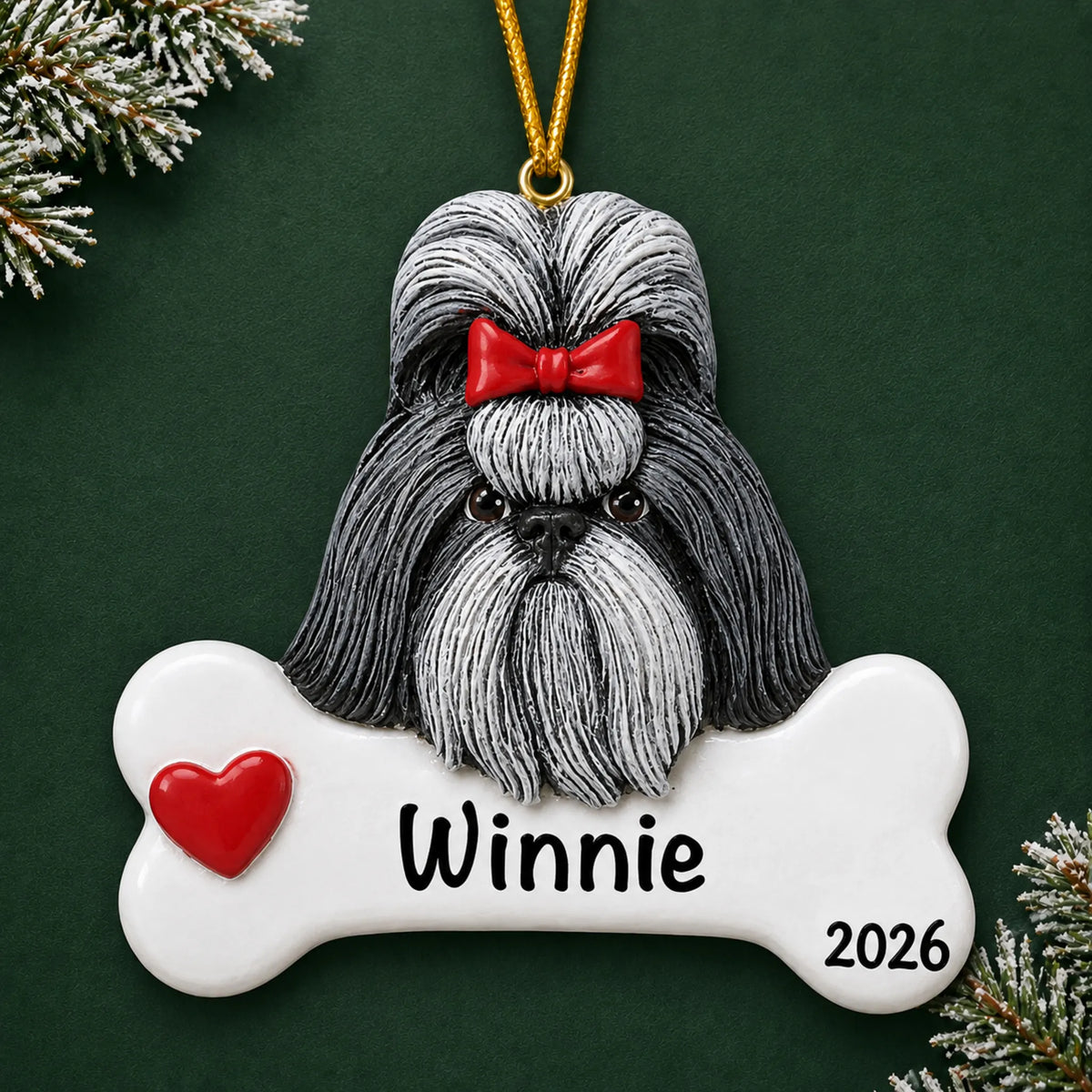 Personalized Shih Tzu dog bone Christmas ornament, engraved with a name and year, on a green holiday backdrop