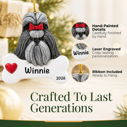 Close-up of the personalized Shih Tzu Christmas ornament showing hand-painted details and laser engraving