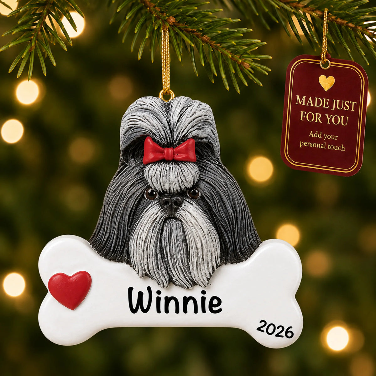 Personalized Shih Tzu Christmas ornament hanging on a lit tree beside a Made Just For You tag