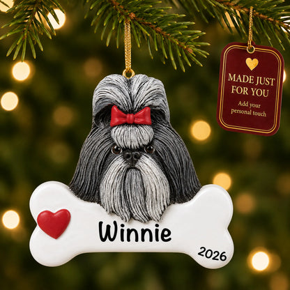 Personalized Shih Tzu Christmas ornament hanging on a lit tree beside a Made Just For You tag