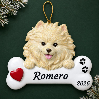 Personalized Pomeranian Dog Bone christmas ornament on a dark green pine background