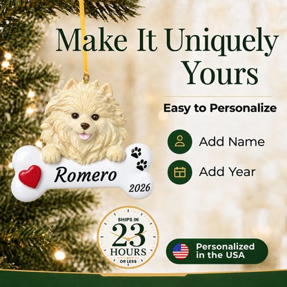 Make it yours: personalize the Pomeranian Dog Bone christmas ornament with your dog's name and the year